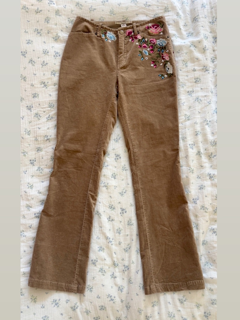 Kimchi Blue Brown Corduroy Flare Pants with Floral Embroidery